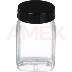 Borcan patrat Burkle cu gat larg din PETG transparent, cu capac filetat, GL 40, 100 ml